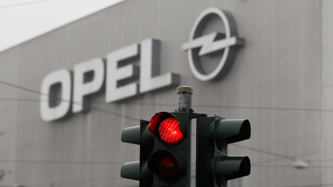 A traffic light is pictured in front of the Opel plant in Bochum