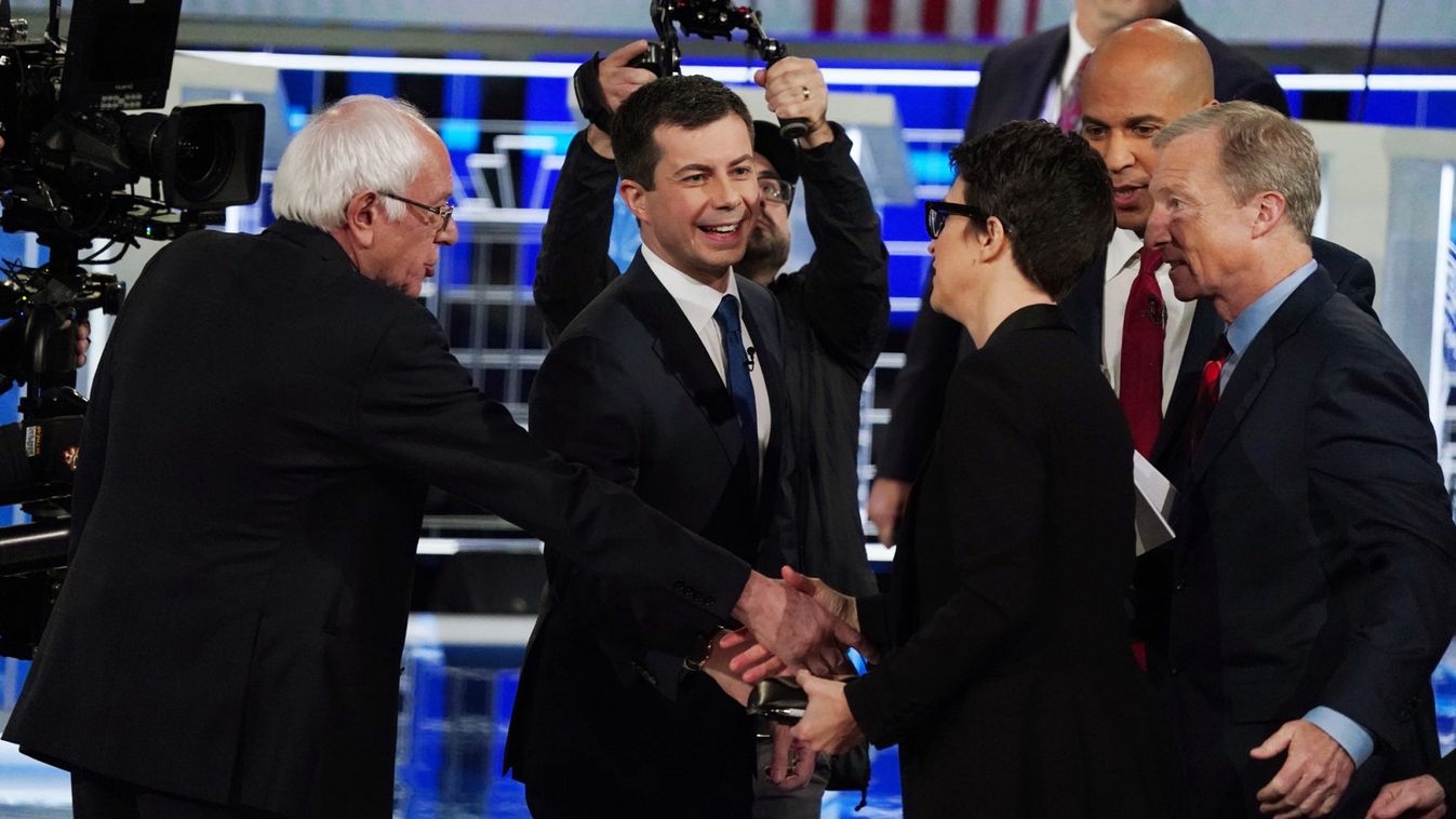 Democratic presidential candidates Sanders, Buttigieg, Booker and Steyer all thank moderator and MSNBC host Rachel Maddow after the conclusion of the U.S. Democratic presidential candidates debate at the Tyler Perry Studios in Atlanta