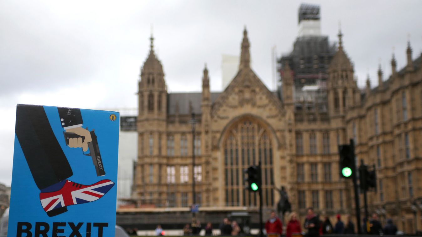 An anti-Brexit placard is seen outside the Houses of Parliament in London