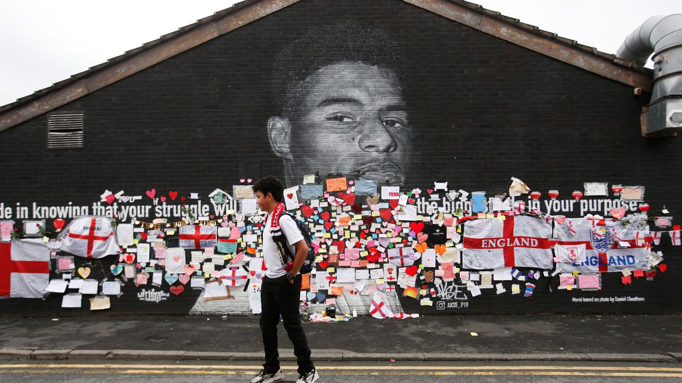 Marcus Rashford mural covered with messages of support after it was defaced following the Euro 2020 Final between Italy and England