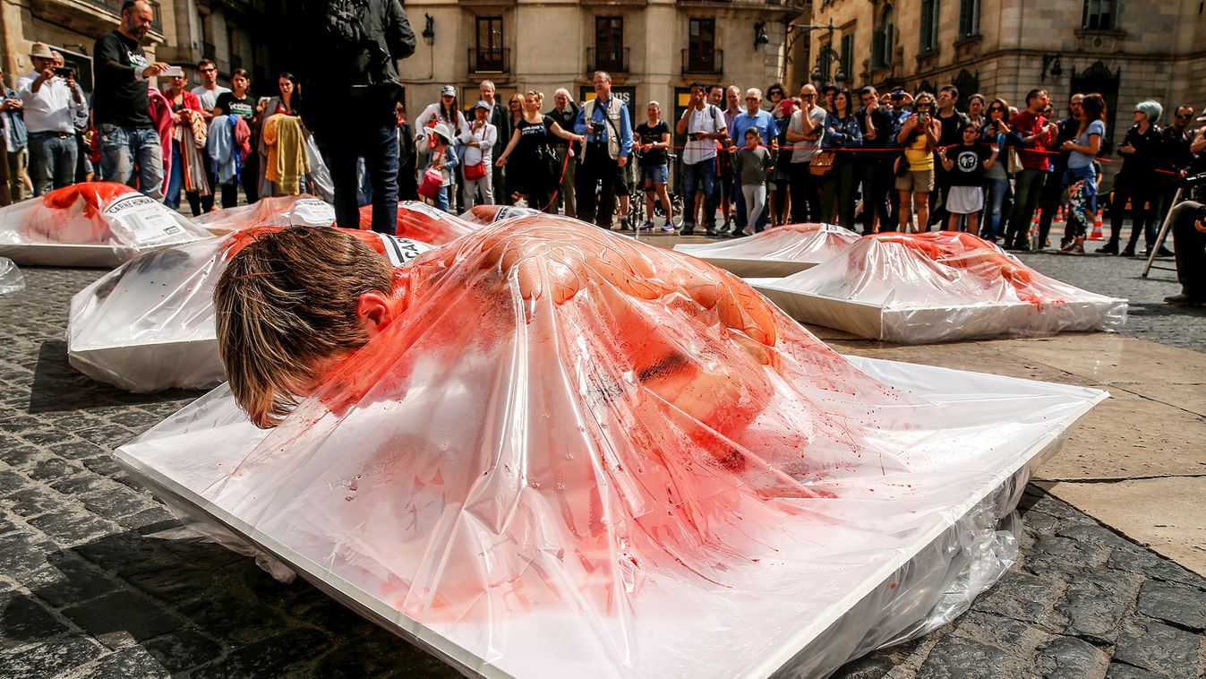 An animal rights activist participates in a performance, wrapped in packaging labelled 'carne humana' (human meat), to protest against meat consumption to promote vegetarianism in central Barcelona