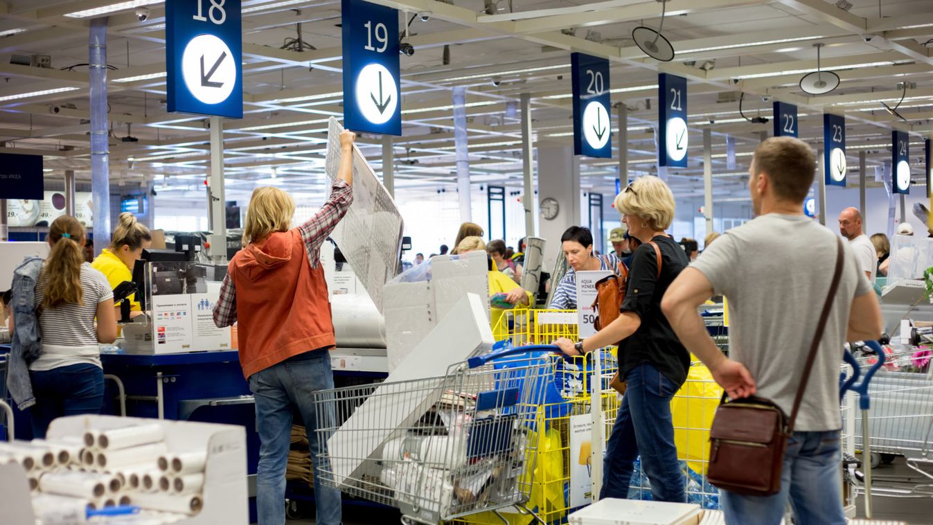 Russia, Moscow - 14 July 2017: At the checkout line in IKEA store. IKEA was founded in of Sweden in 1943, IKEA to have large chain stores around the world.