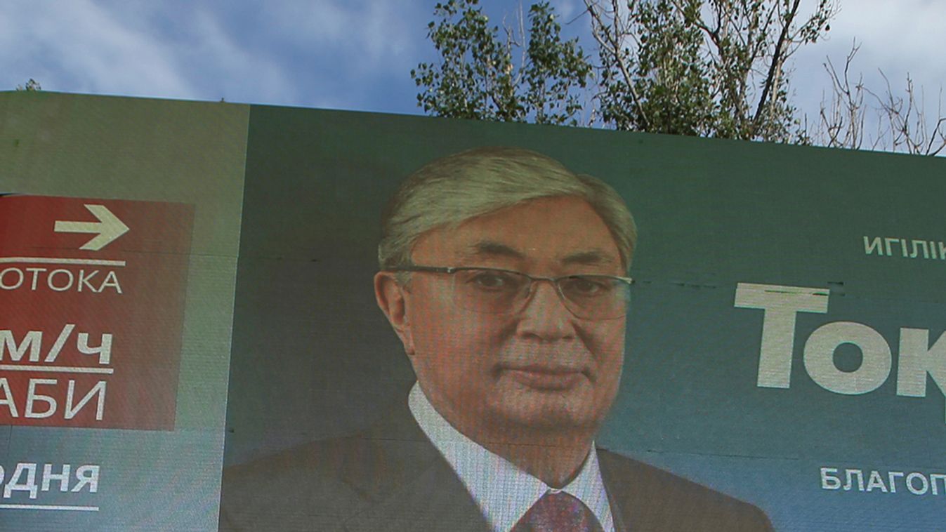 A screen advertises the campaign of Kazakh President and candidate in the upcoming presidential election Tokayev in Almaty