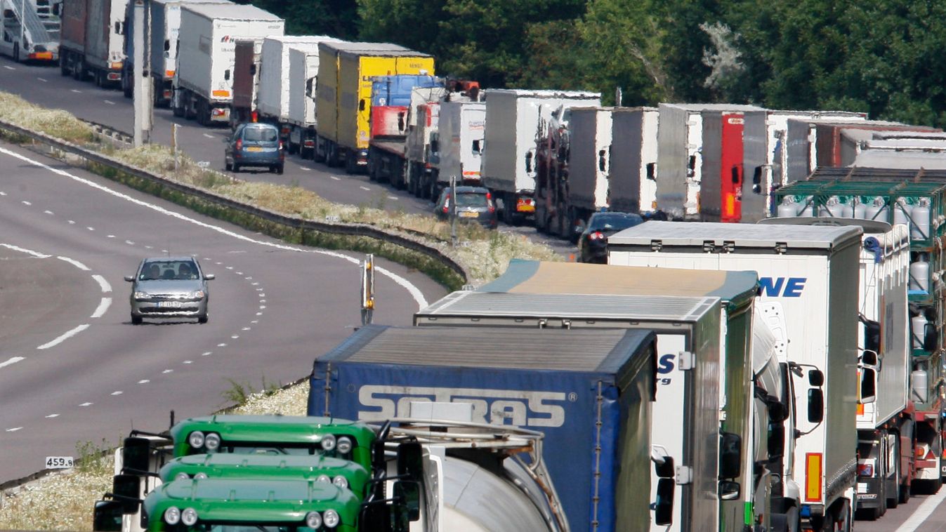 Trucks are parked on a motorway near Strasbourg as French truckers demontrate in a protest against rising fuel prices