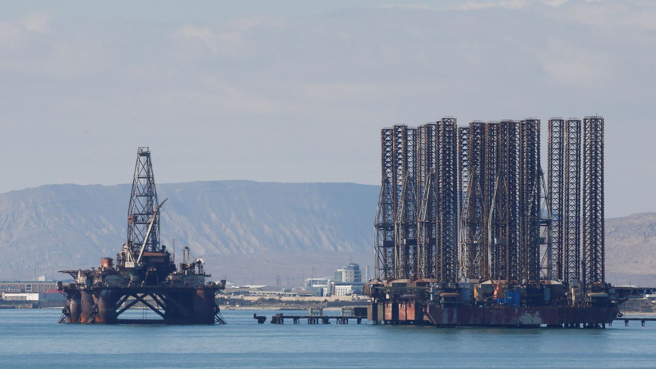 An offshore oil rig is seen in the Caspian Sea near Baku