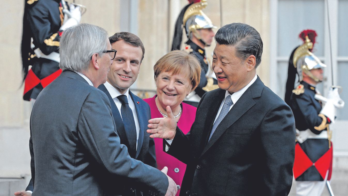 French President Emmanuel Macron, German Chancellor Angela Merkel and European Commission President Jean-Claude Juncker welcome Chinese President Xi Jinping at the Elysee Palace in Paris
