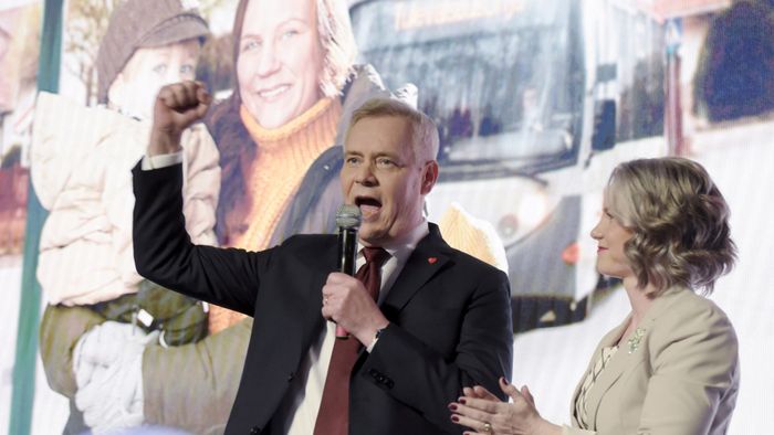 Chairman of the Finnish Social Democratic Party Antti Rinne and his wife Heta Ravolainen-Rinne attend the election party in Helsinki