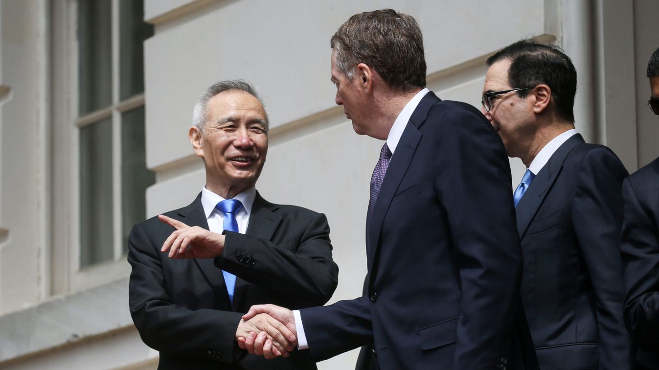 Chinese Vice Premier Liu He talks with U.S. Trade Representative Lighthizer and Treasury Secretary Steven Mnuchin as he leaves trade talks in Washington