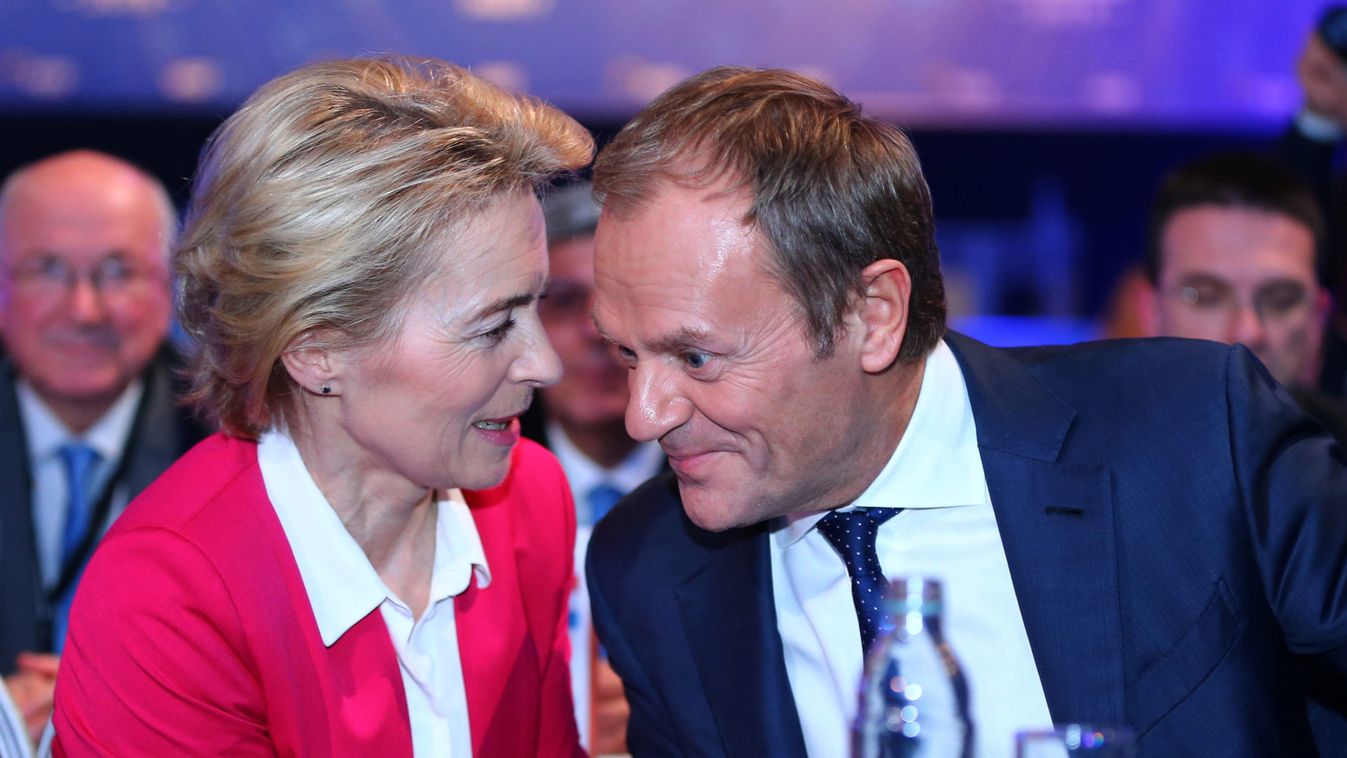 Newly elected President of EPP Donald Tusk and EU Commission President Ursula von der Leyen are seen during the EPP congress in Arena Zagreb hall in Zagreb