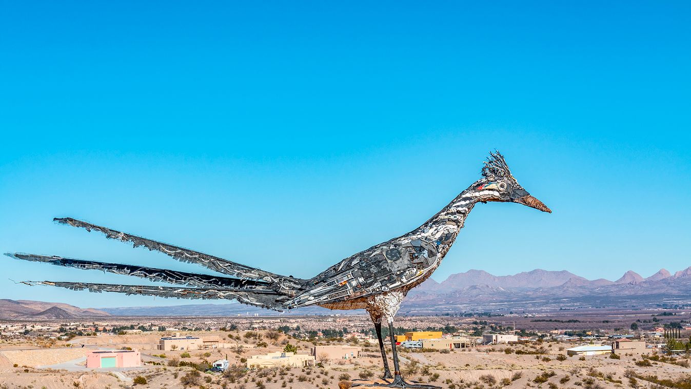 Roadrunner bird sculpture made from salvaged items from the city landfill in Las Cruces, New Mexico