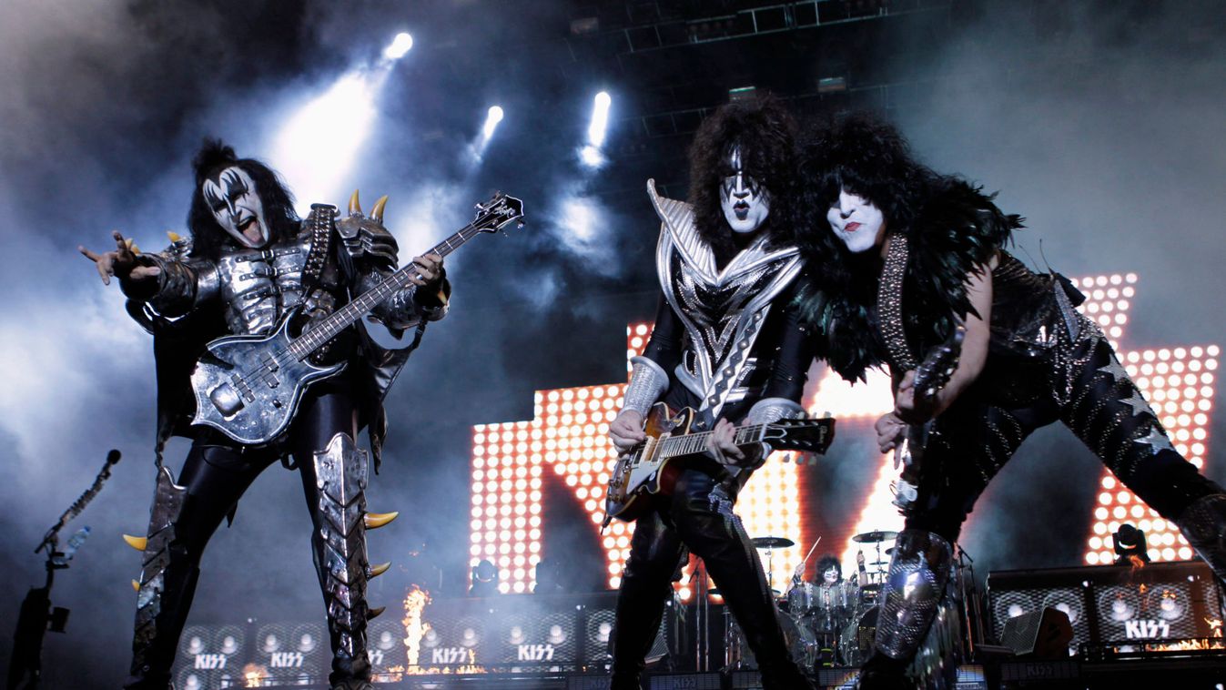Gene Simmons, Tommy Thayer and Paul Stanley of rock band Kiss perform during a concert on their Latin America tour, at the Jockey Club in Asuncion