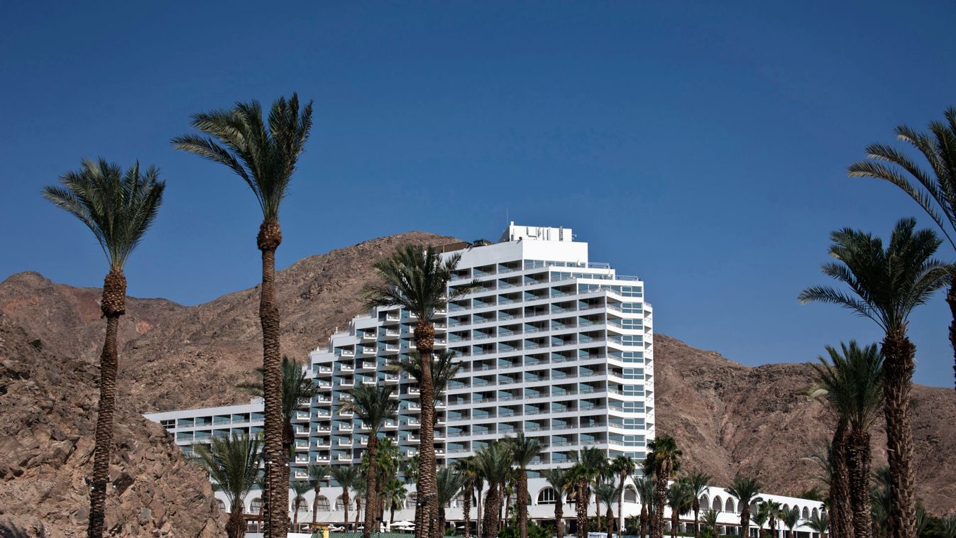 A hotel is seen against a backdrop of mountains in the Red Sea resort of Eilat