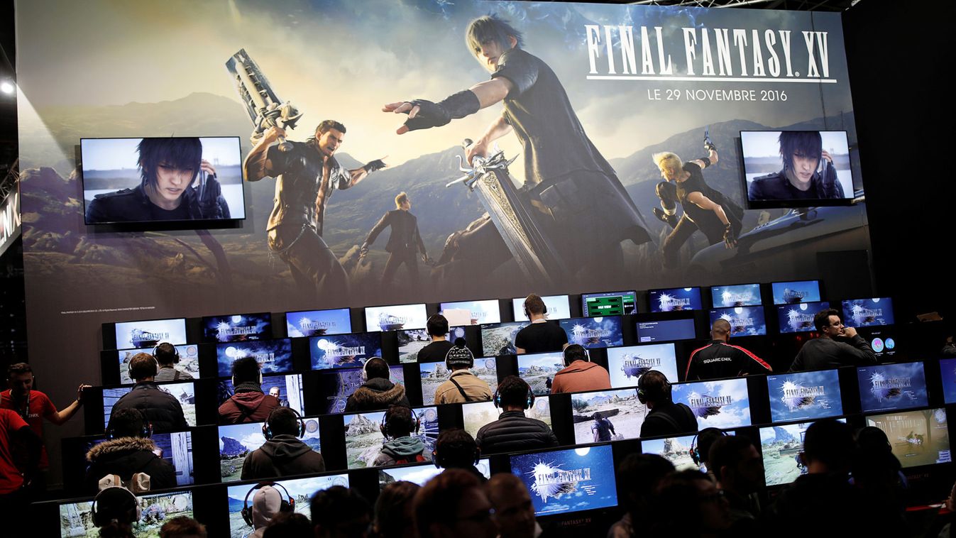 Visitors play Final Fantasy XV, a video game published by Square-Enix at the Paris Games Week, a trade fair for video games in Paris