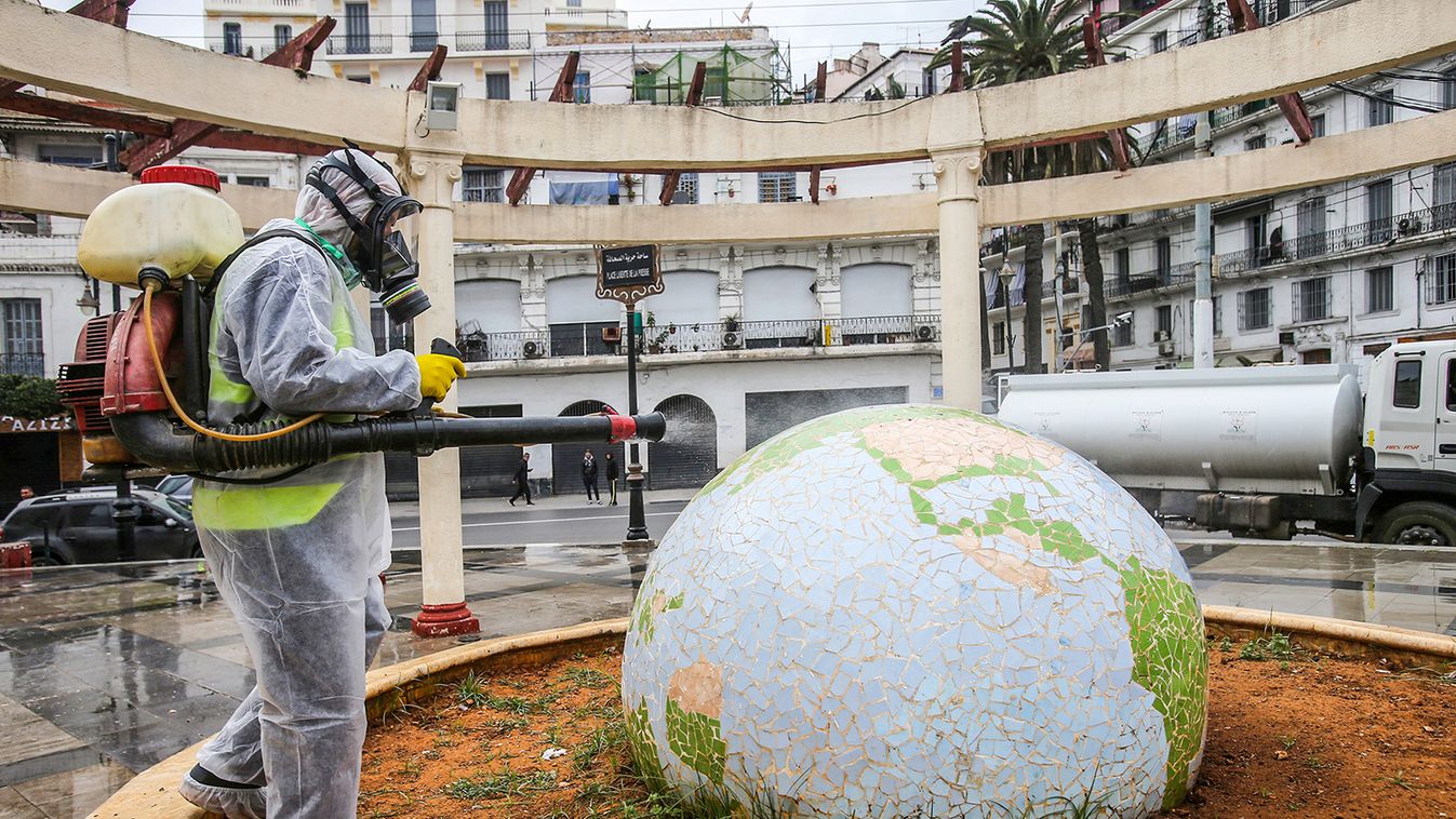 A worker wearing a protective suit disinfects a globe-shaped public garden, following the outbreak of coronavirus disease (COVID-19), in Algiers