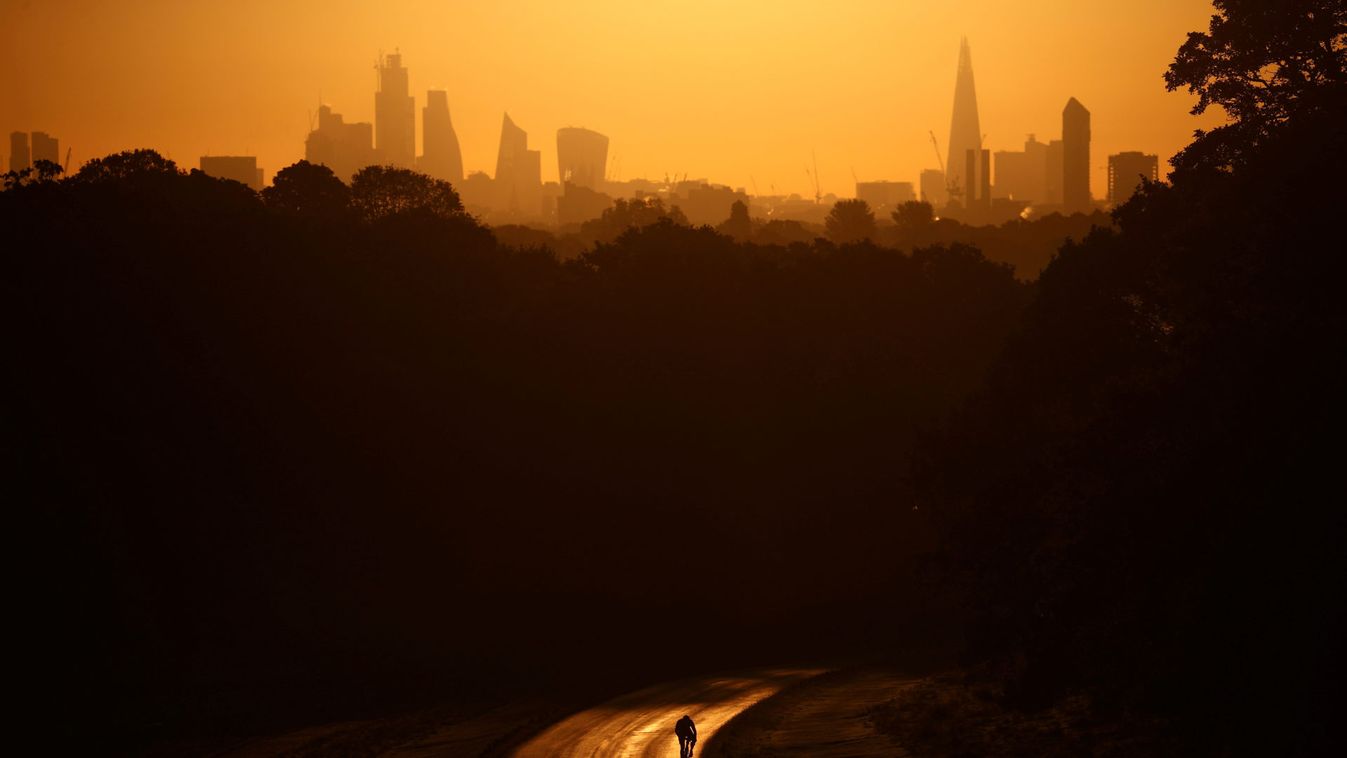 The sun rises behind The Shard and the financial district as a cyclist rides through Richmond Park in London