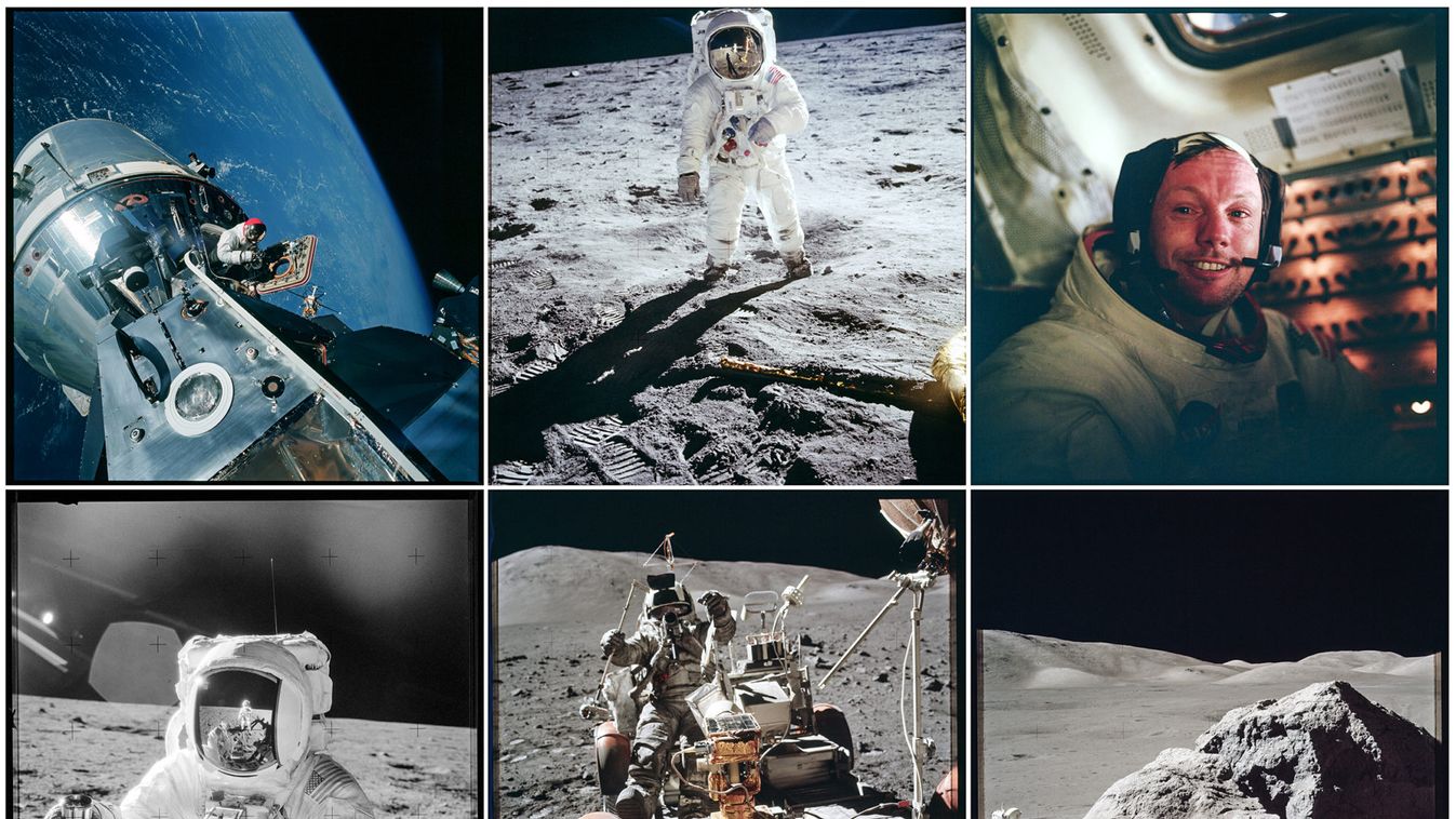 NASA handout photographs from the various Apollo missions are shown in this combination photograph