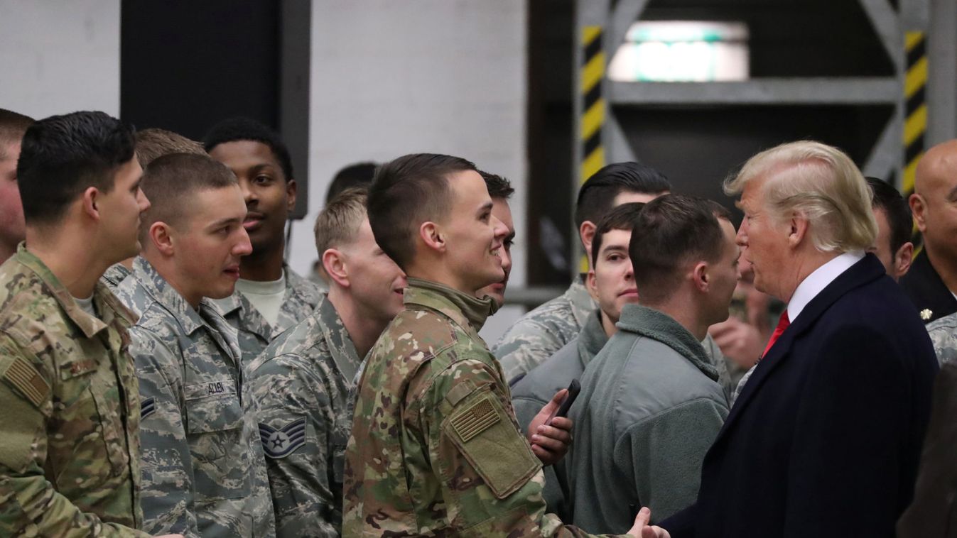 U.S. President Donald Trump greets U.S. troops at Ramstein Air Force Base in Germany
