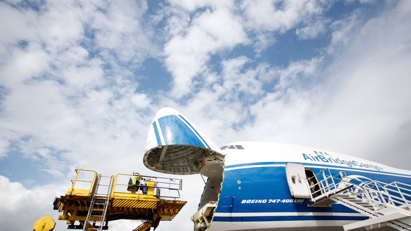 A Boeing 747-400 ERF of Russian cargo carrier AirBridgeCargo Airlines is unloaded at Frankfurt's airport