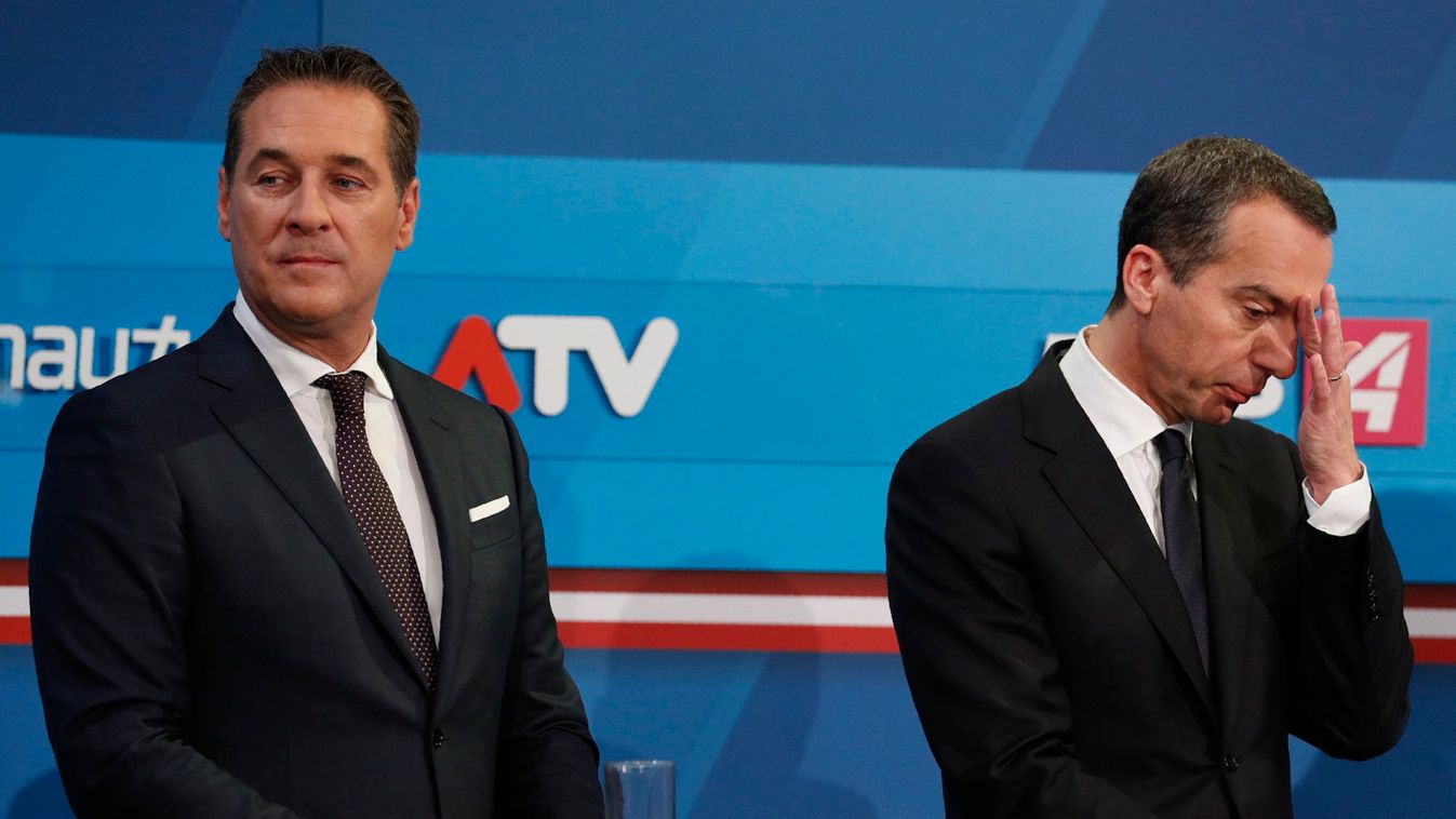 Heinz-Christian Strache and Christian Kern attend the TV debate after Austria's general election in Vienna