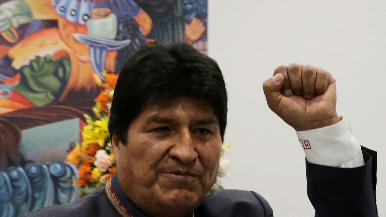 Bolivia's President Evo Morales gestures after a news conference at the presidential palace La Casa Grande del Pueblo in La Paz