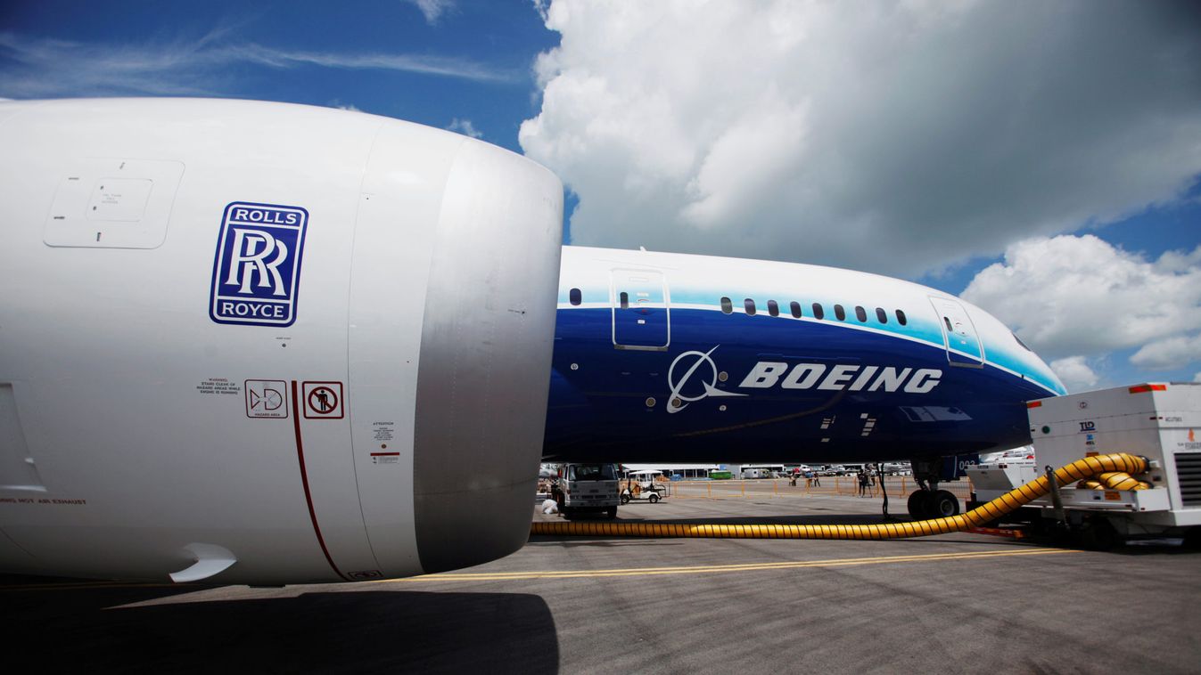 View of one of two Rolls Royce Trent 1000 engines of Boeing 787 Dreamliner during media tour of the aircraft ahead of the Singapore Airshow in Singapore