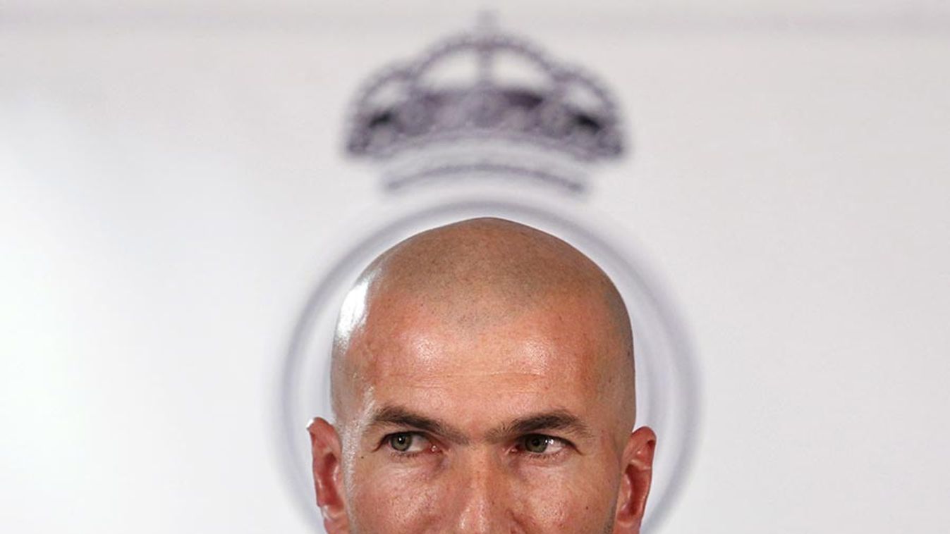 Real Madrid's new coach Zinedine Zidane appears before the media at Santiago Bernabeu stadium in Madrid
