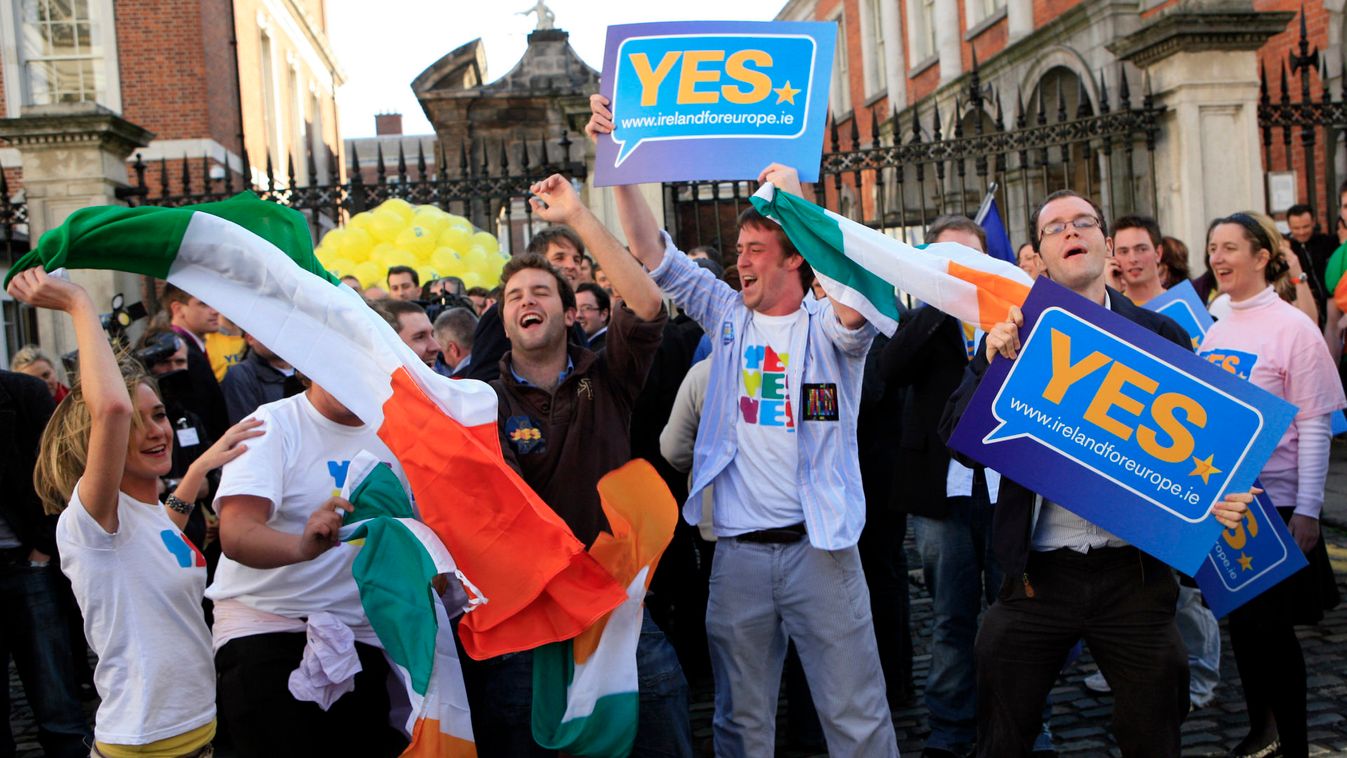 "Yes" campaigners celebrate after Lisbon Treaty referendum, outside Dublin Castle in Dublin