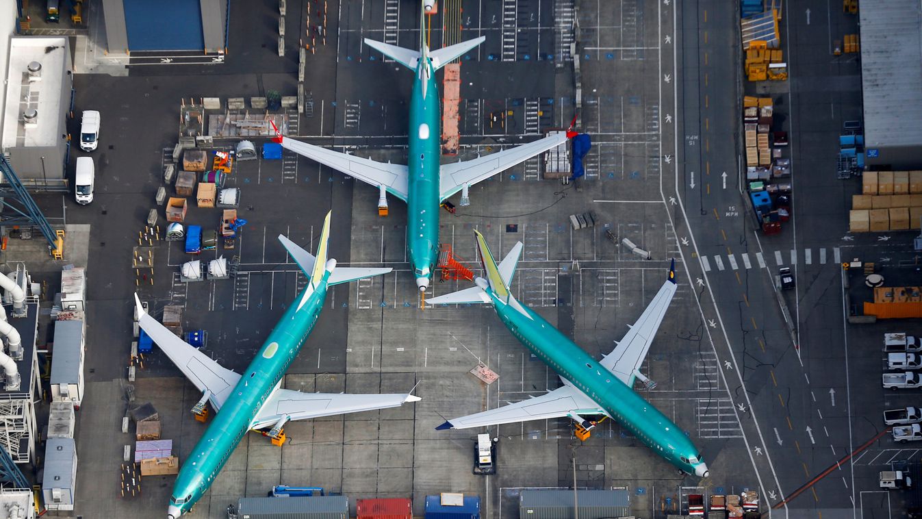 An aerial photo shows Boeing 737 MAX airplanes parked on the tarmac at the Boeing Factory in Renton