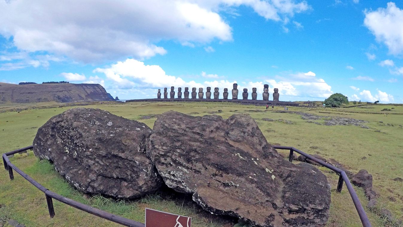 Statues named "Moai" are seen on a hill at the Easter Island