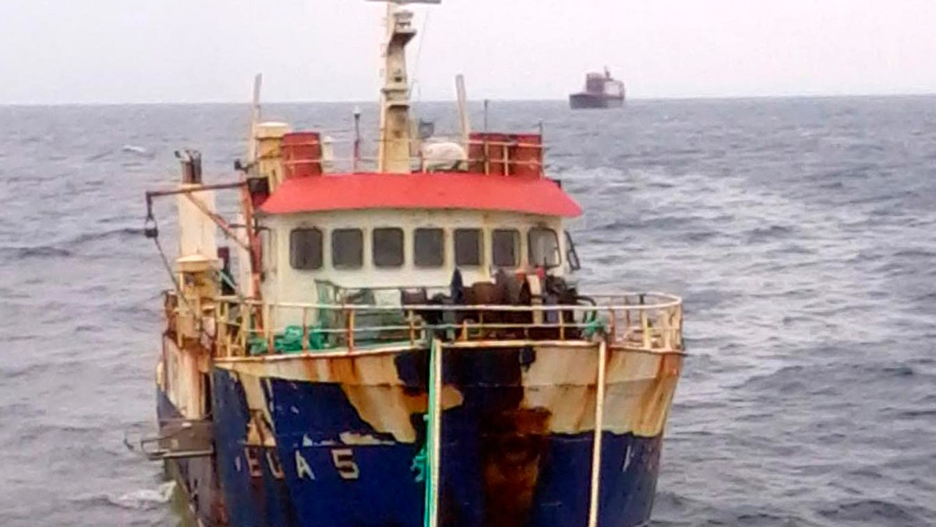 Mozambican-flagged fishing vessel VEGA 5 is seen anchored in the Indian Ocean waters near the coastal city of Hobyo