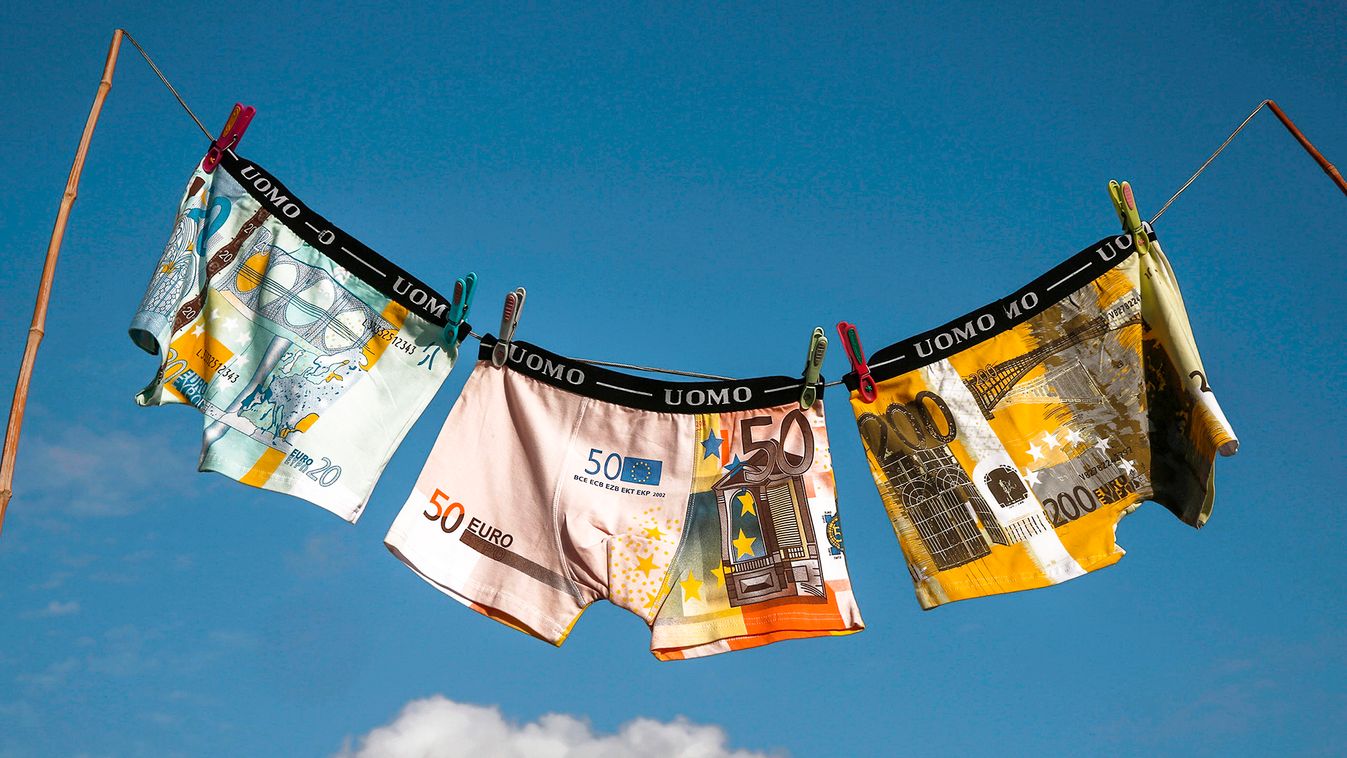 Picture illustration of underwear printed with images of euro banknotes in Athens