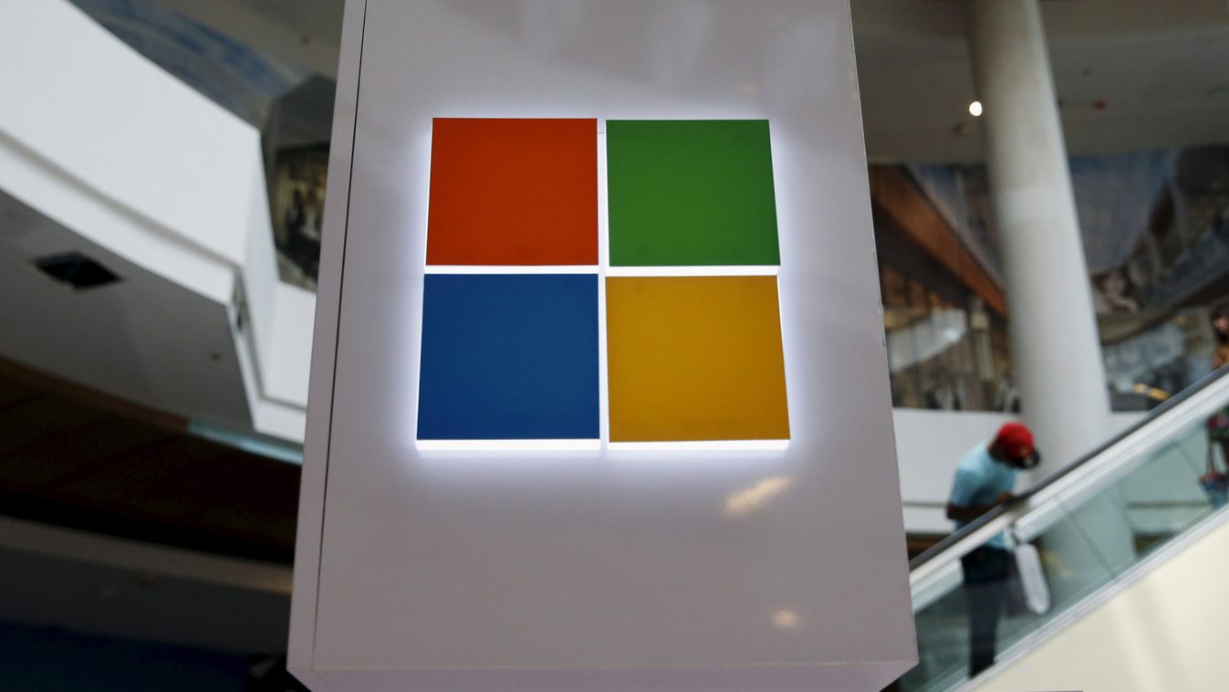 A Microsoft logo is seen at a pop-up site for the new Windows 10 operating system at Roosevelt Field in Garden City
