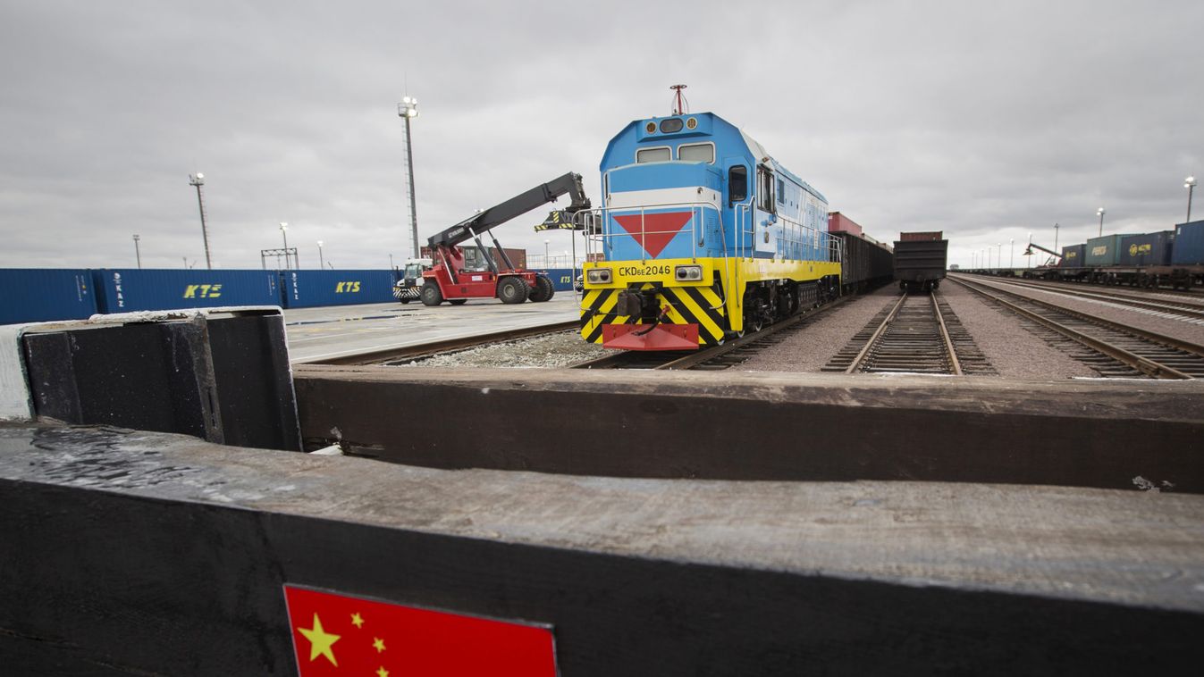 A Chinese flag marking a railway linked to China is seen in front of a train at the Khorgos border crossing point, east of the country's biggest city and commercial hub Almaty, Kazakhstan