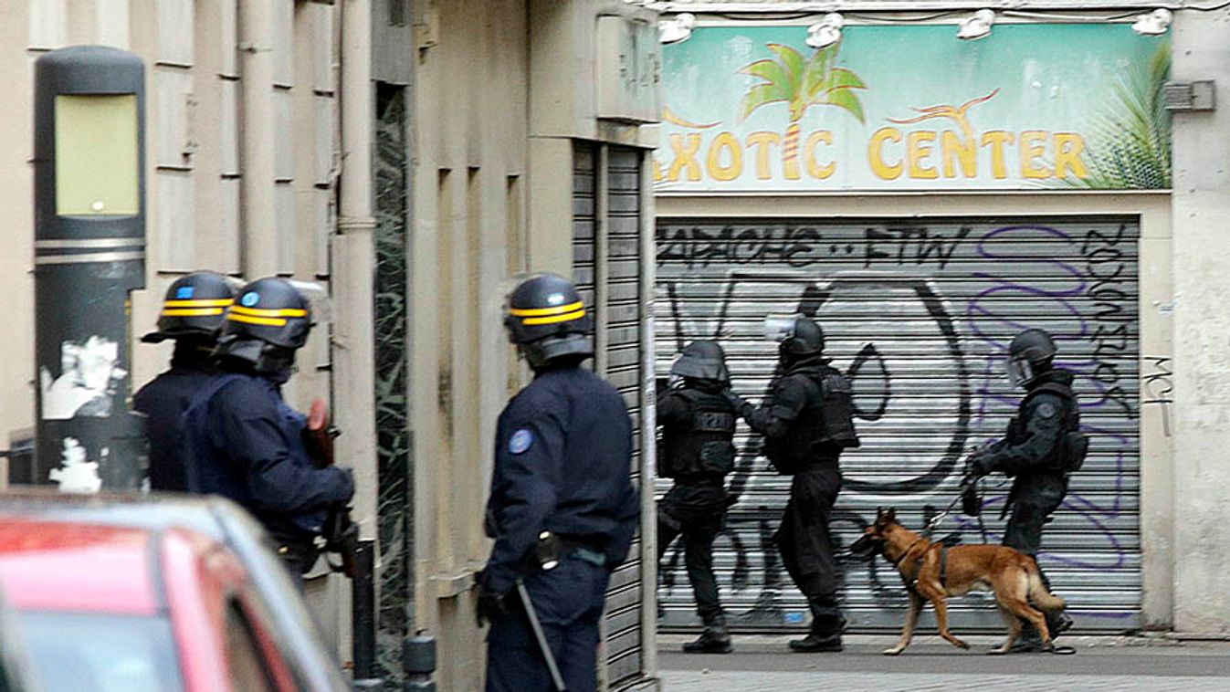 Members of special French RAID forces with a police dog and French riot police secure the area during an operation in Saint-Denis, near Paris
