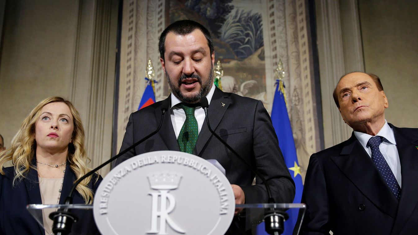 League party leader Salvini speaks next President of Fratelli d'Italia party (Brothers of Italy) Meloni and Forza Italia leader Berlusconi following a talk with Italian President Sergio Mattarella at the Quirinale palace in Rome