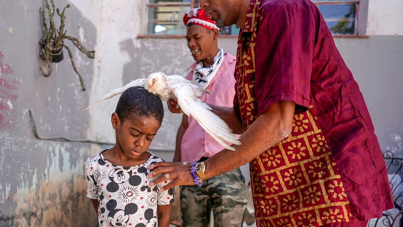 Jose Zamora, 8,  has a dove rubbed over his body during the Afro-Cuban religion Santeria ceremony amid concerns about the spread of the coronavirus disease outbreak, in Havana
