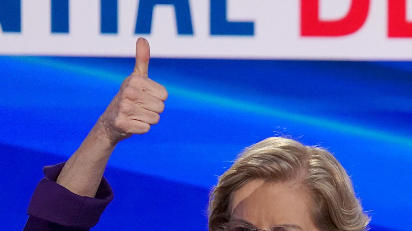 Democratic presidential candidate Senator Elizabeth Warren gives a thumbs up to someone in the audience during a break in the fourth U.S. Democratic presidential candidates 2020 election debate in Westerville, Ohio