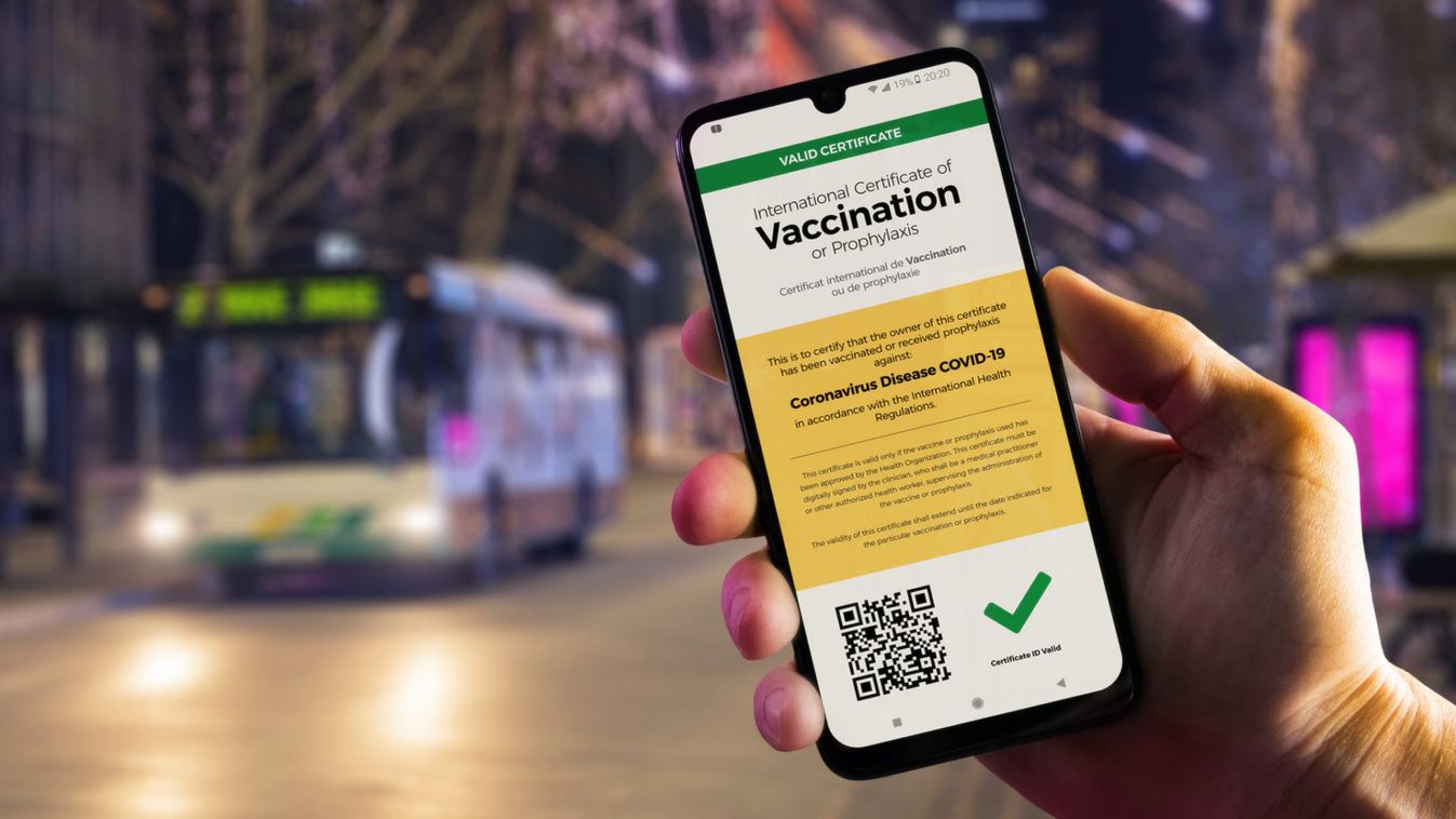 Smartphone displaying a valid COVID-19 vaccination certificate in male's hand