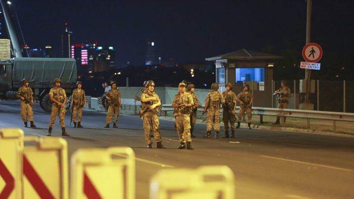 Turkish military block access to the Bosphorus bridge, which links the city's European and Asian sides, in Istanbul