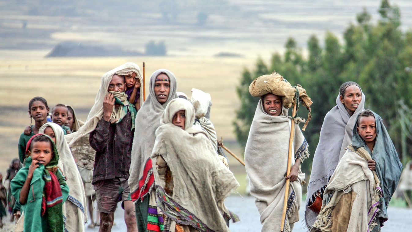 An Ethiopian family arrive in Korom in search for food in northeast Ethiopia.