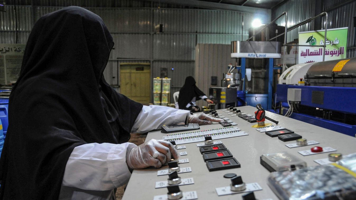 A veil-clad female worker is seen at factory for pickling olives in the Saudi city of Tabuk