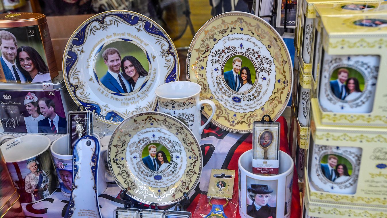 Souvenirs themed on the forthcoming royal wedding between Prince Harry and Meghan Markle are seen for sale in Windsor