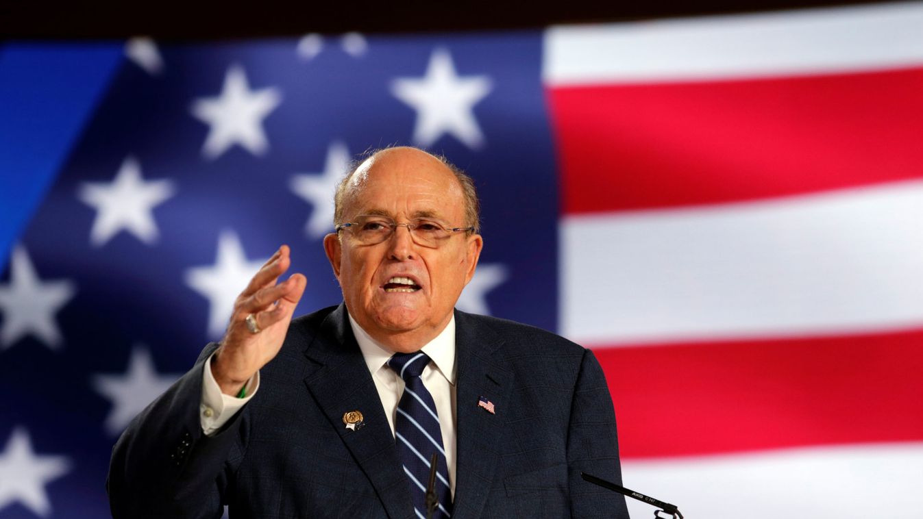 Rudy Giuliani, former Mayor of New York City, speaks at an event in Ashraf-3 camp, which is a base for the People's Mojahedin Organization of Iran (MEK) in Manza