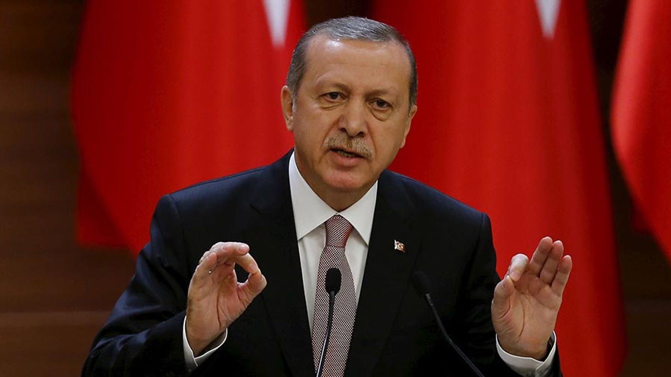 Turkish President Erdogan makes a speech during his meeting with mukhtars at the Presidential Palace in Ankara, Turkey