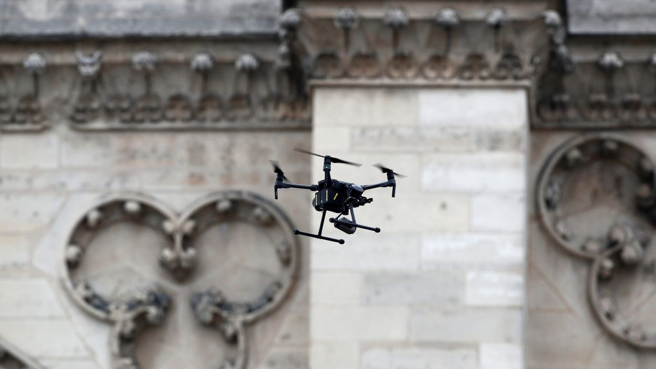 A drone is seen near Notre-Dame Cathedral after a massive fire devastated large parts of the gothic structure in Paris