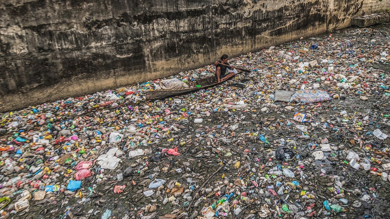 Siak River Covered By Plastic Waste In Pekanbaru, Indonesia
