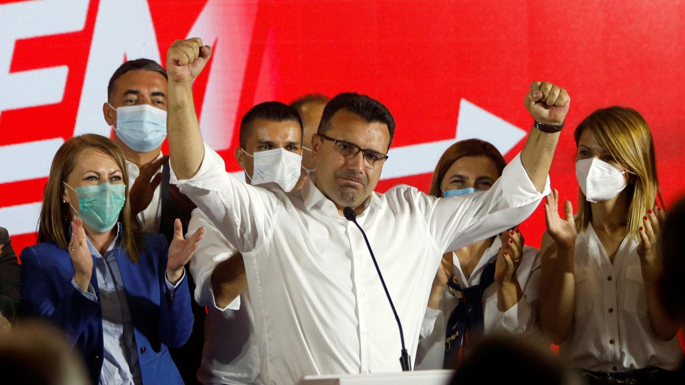 Macedonian Former Prime Minister and leader of the ruling SDSM party Zaev celebrates his victory in a parliamentary election, In Skopje