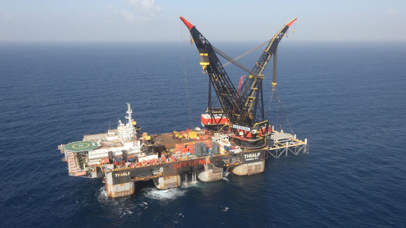 An aerial view shows the newly arrived foundation platform of Leviathan natural gas field, in the Mediterranean Sea, off the coast of Haifa