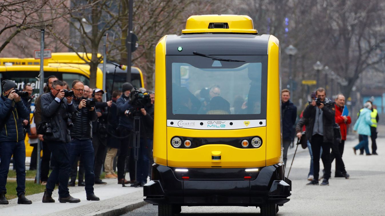 A self-driving shuttle bus, operated by the university hospital Charite and public transport company BVG, drives autonomously during a presentation to the media at the Charite Campus in Berlin