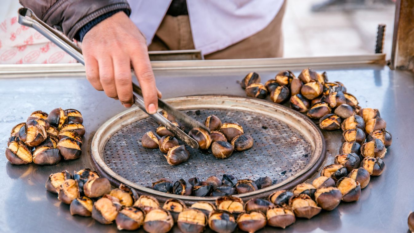 Traditional popular Turkish street food Chestnuts(kestane) on the barbecue